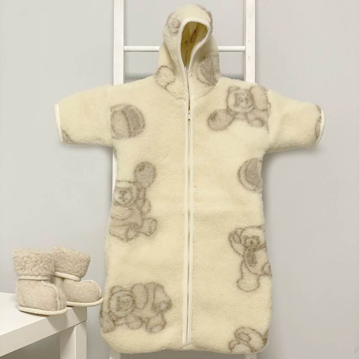 Merino vilnos miegmaišis su rankovėmis Meškutis, 76 cm||TavoSapnas