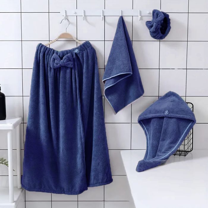 4 dalių pirties rankšluosčio ir turbano komplektas NAVY BLUE||TavoSapnas