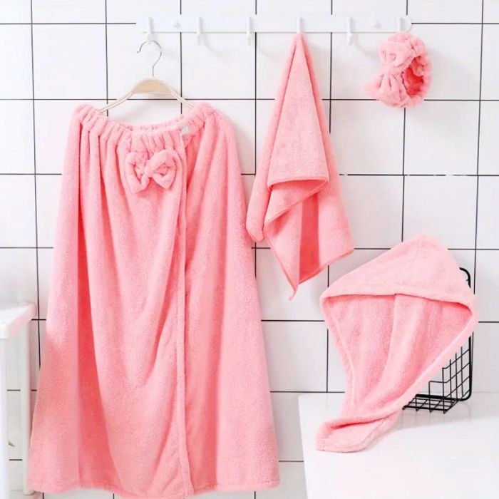 4 dalių pirties rankšluosčio ir turbano komplektas PINK||TavoSapnas
