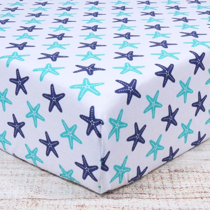 Medvilninė paklodė su guma Jūros žvaigždės, 70x140 cm||TavoSapnas