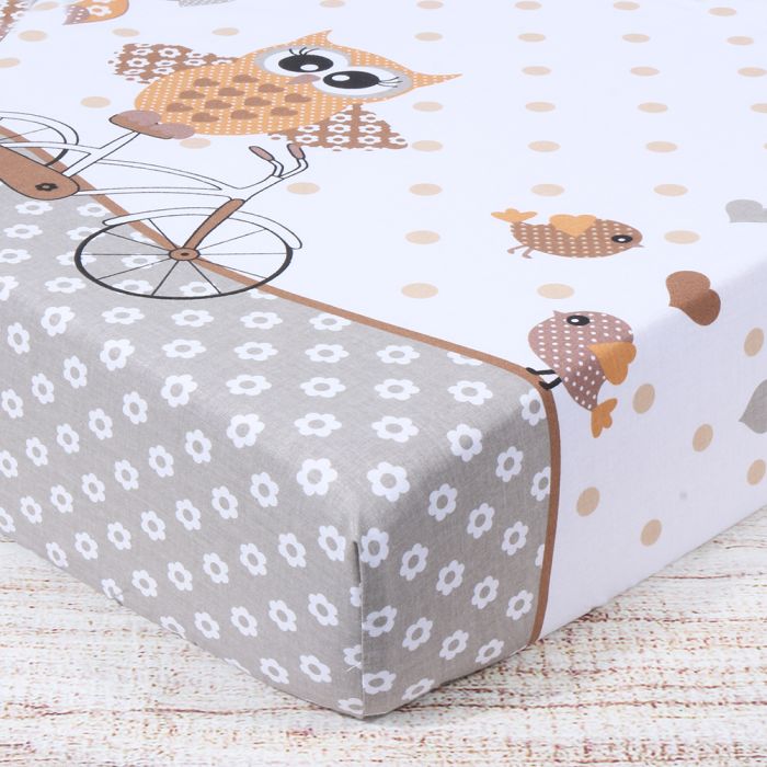 Medvilninė paklodė su guma Pelėdos, 60x120 cm||TavoSapnas