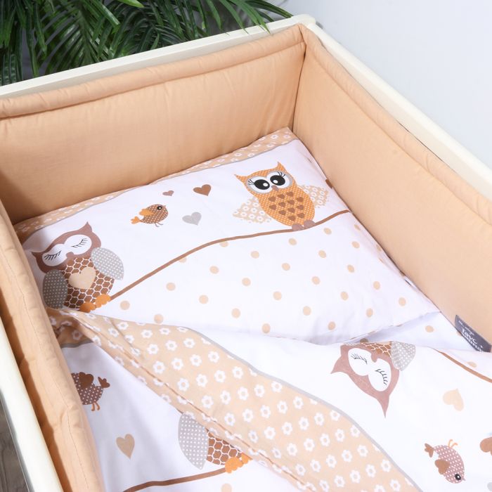 Medvilninis 3 dalių patalynės rinkinys kūdikiui su apsaugėle Pelėdžiukai, 100x135, 40x60 cm||TavoSapnas