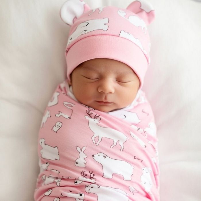 Trikotažinis vystyklas-kokonas su kepuryte Pink Bear, 48 cm||TavoSapnas