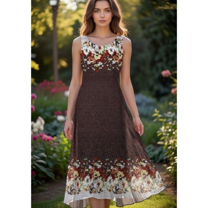 Plonas viskozinis audinys suknelei Brown Flowers||TavoSapnas