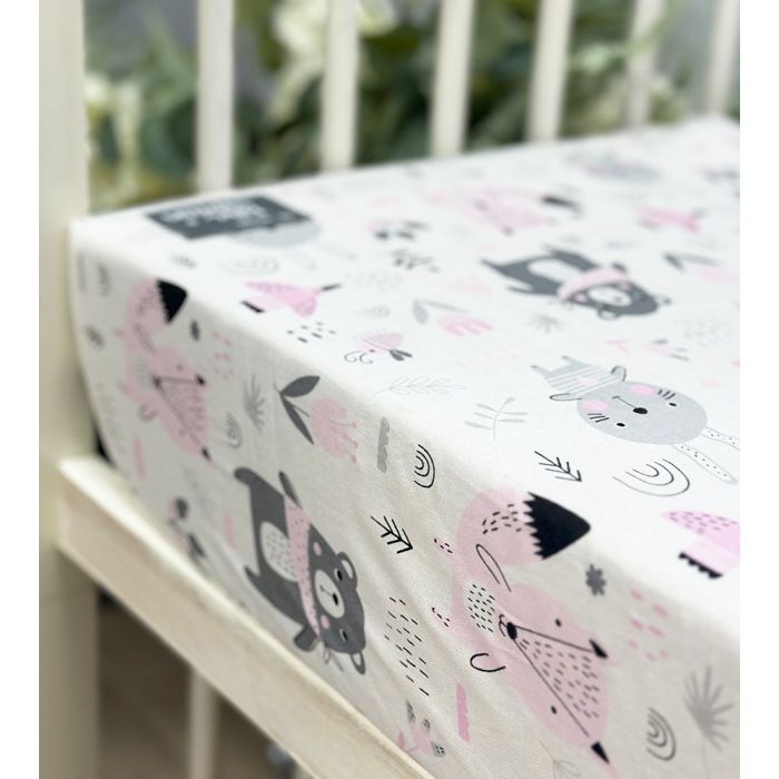 Medvilninė paklodė su guma Rožinis miškelis, 60x120 cm||TavoSapnas