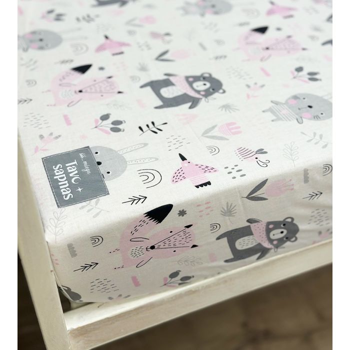 Medvilninė paklodė su guma Rožinis miškelis, 80x160 cm||TavoSapnas