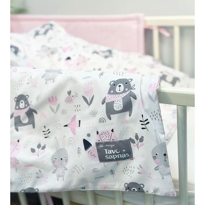 Medvilninis 3 dalių patalynės rinkinys kūdikiui su apsaugėle Rožinis miškelis, 100x135, 40x60 cm||TavoSapnas
