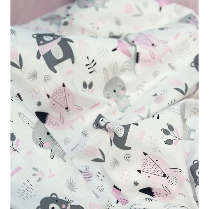 Medvilninis 3 dalių patalynės rinkinys kūdikiui su apsaugėle Rožinis miškelis, 100x135, 40x60 cm||TavoSapnas