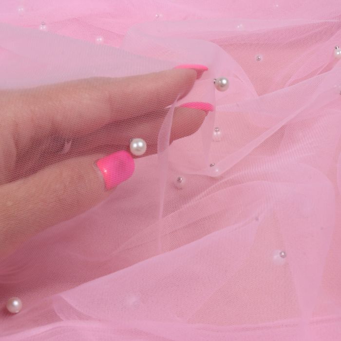 Minkštas puošnus tiulis su karoliukais, rožinis, 0.90x1.60m||TavoSapnas