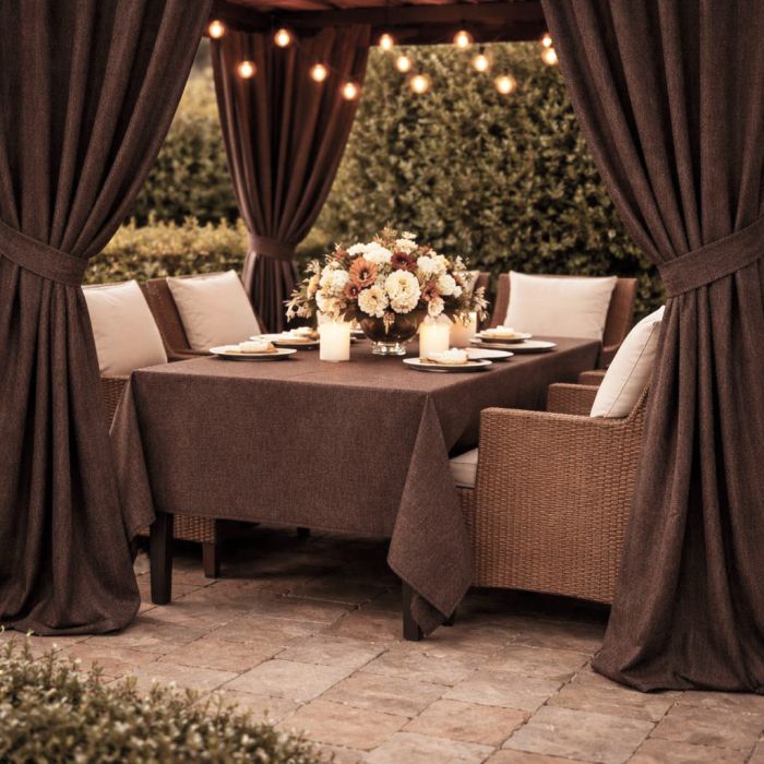 Pasiūta terasos užuolaida Linen Dark Brown su UV apsauga + surišimas||TavoSapnas