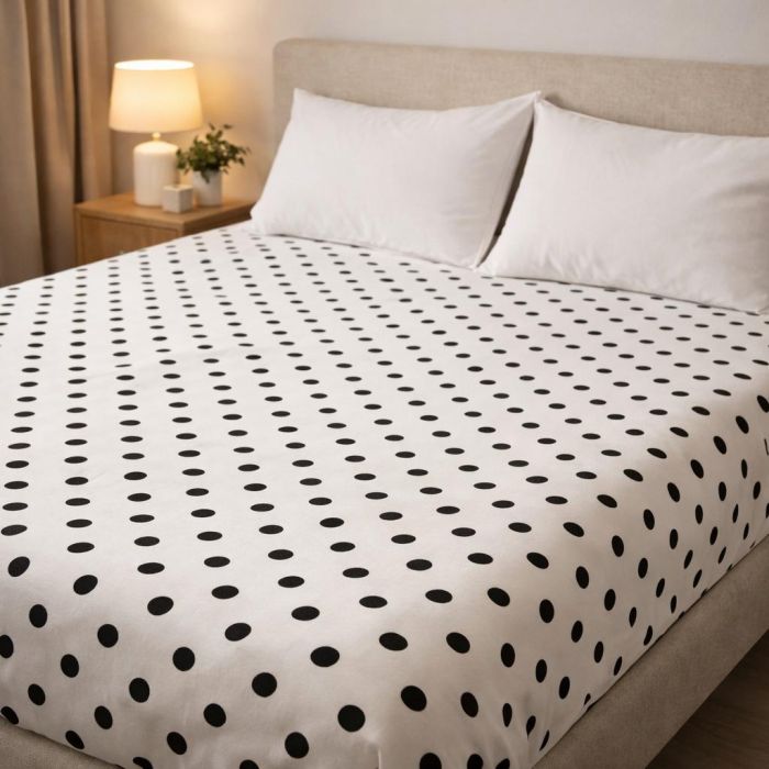Medvilninė paklodė be gumos Balta taškuota, 155x220 cm||TavoSapnas
