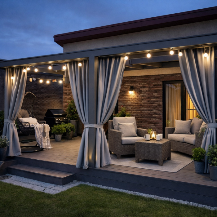 Užuolaida terasai Šviesi pilka + surišimas + svareliais kas 48 cm||TavoSapnas