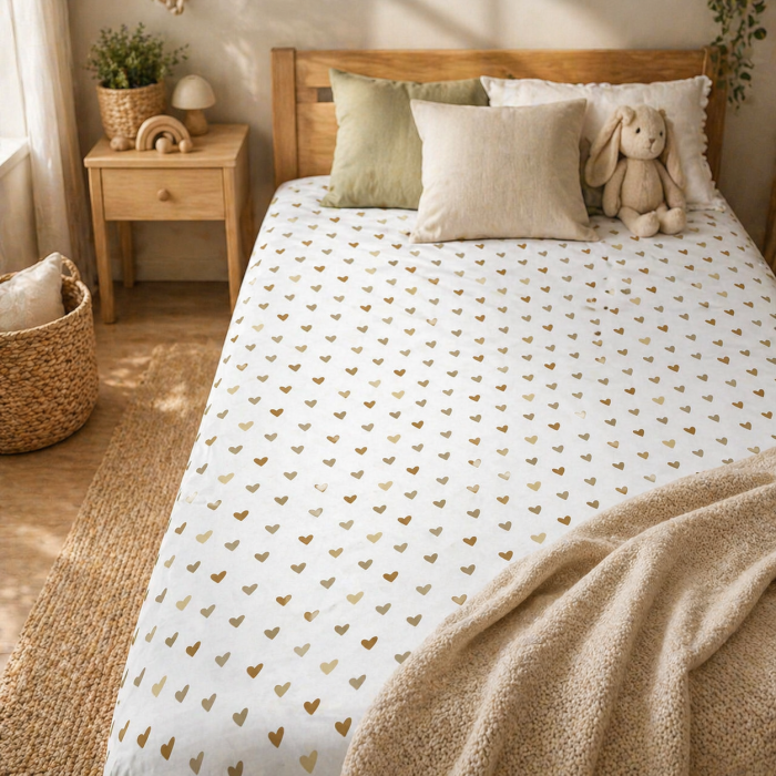 Medvilninė paklodė su guma Širdelių šokis, 90x200 cm||TavoSapnas