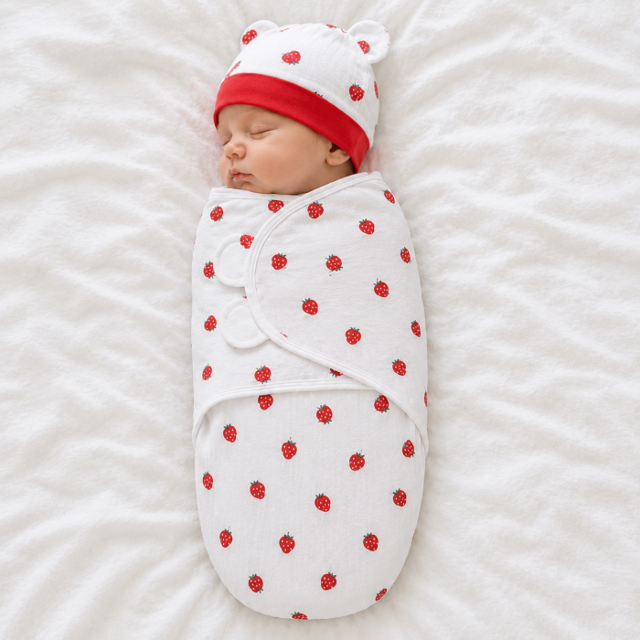 Trikotažinis vystyklas-kokonas su kepuryte Strawberry, 48 cm||TavoSapnas