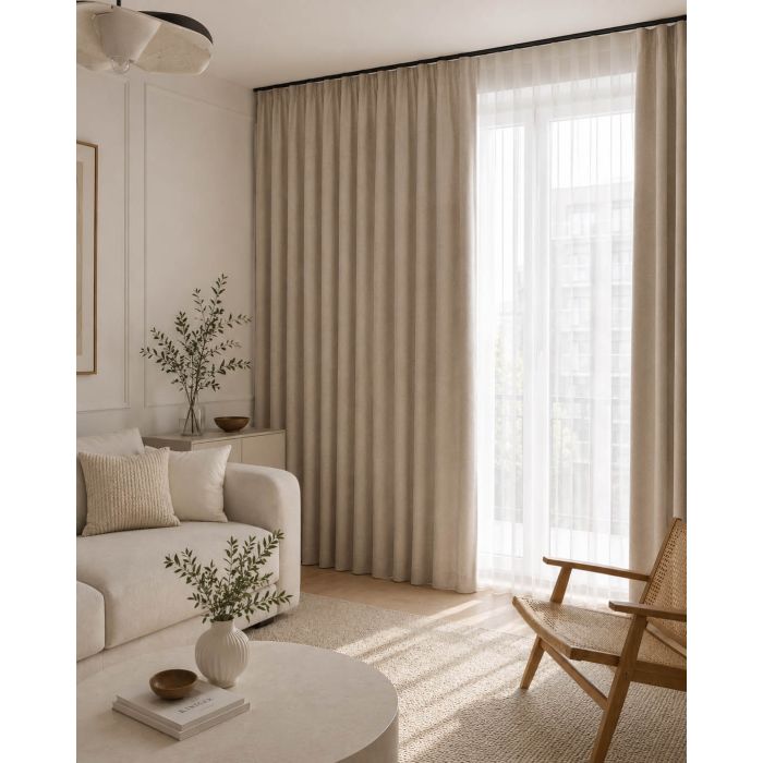 Naktinių užuolaidų audinys Sakura Blackout Beige, aukštis 300 cm||TavoSapnas