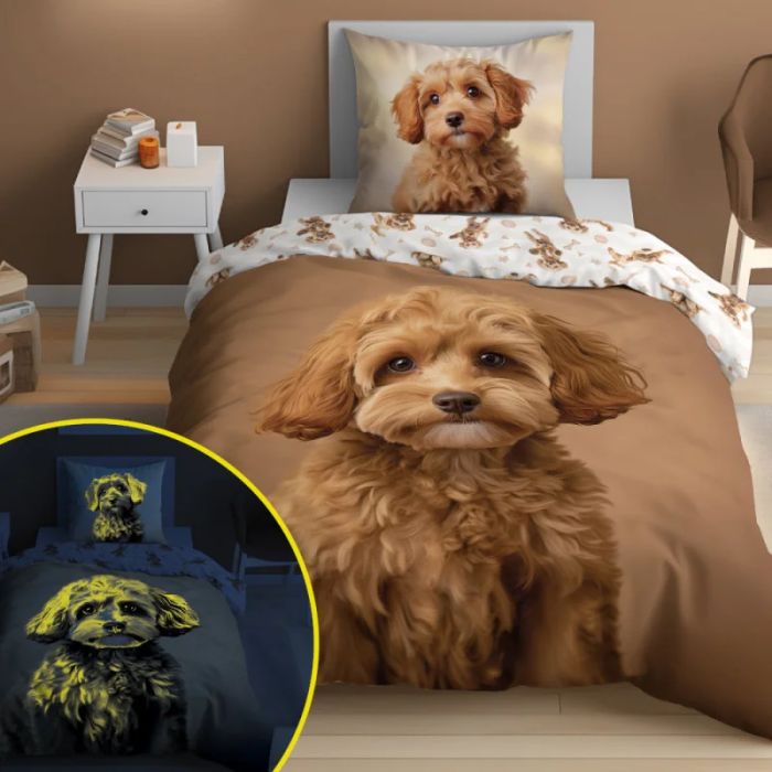 Šviečiantis tamsoje patalynės komplektas Puppy, 140x200, 70x80 cm||TavoSapnas