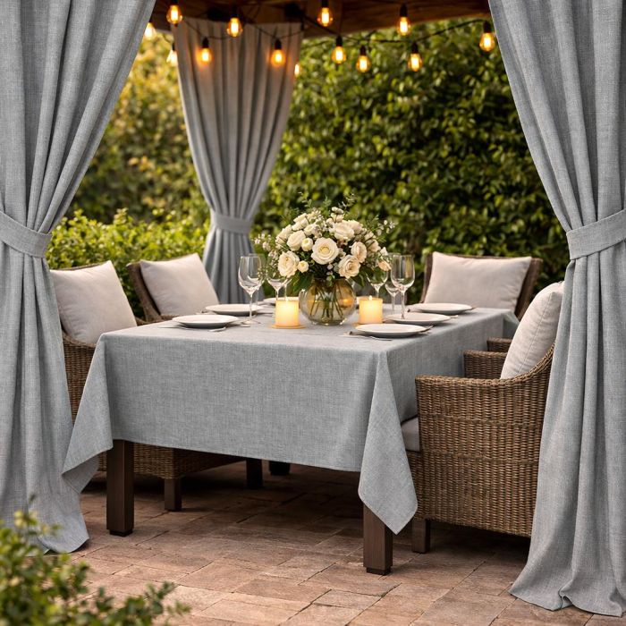 Pasiūta terasos užuolaida Linen Grey su UV apsauga + surišimas||TavoSapnas