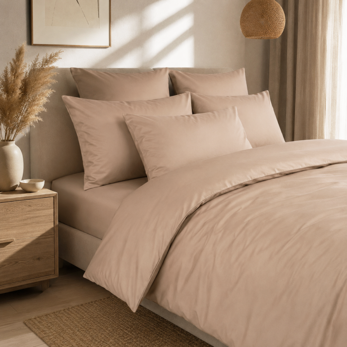 Siuvama satino patalynė Latte, 200x200 cm||TavoSapnas