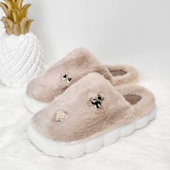 Moteriškos šlepetės su kailiuku Beige Fluffy, 39-40 dydis|Prekės namams|TavoSapnas