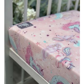 Medvilninė paklodė su guma Vienaragiai, 60x120 cm|60x120 cm čiužiniui|TavoSapnas