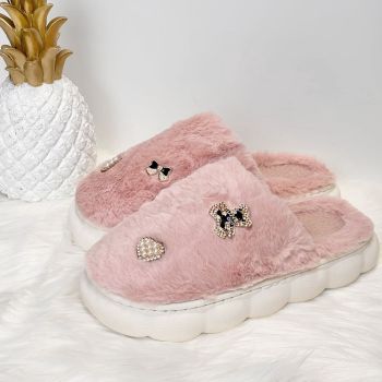 Moteriškos šlepetės su kailiuku Pink Fluffy, 39-40 dydis|Prekės namams|TavoSapnas