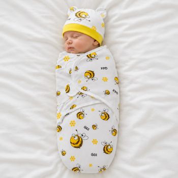 Trikotažinis vystyklas-kokonas su kepuryte Bees, 48 cm|Kūdikio miegas ir priežiūra|TavoSapnas