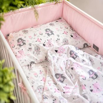 Medvilninis 3 dalių patalynės rinkinys kūdikiui su apsaugėle Rožinis miškelis, 110x140, 40x60 cm|110x140 cm |TavoSapnas